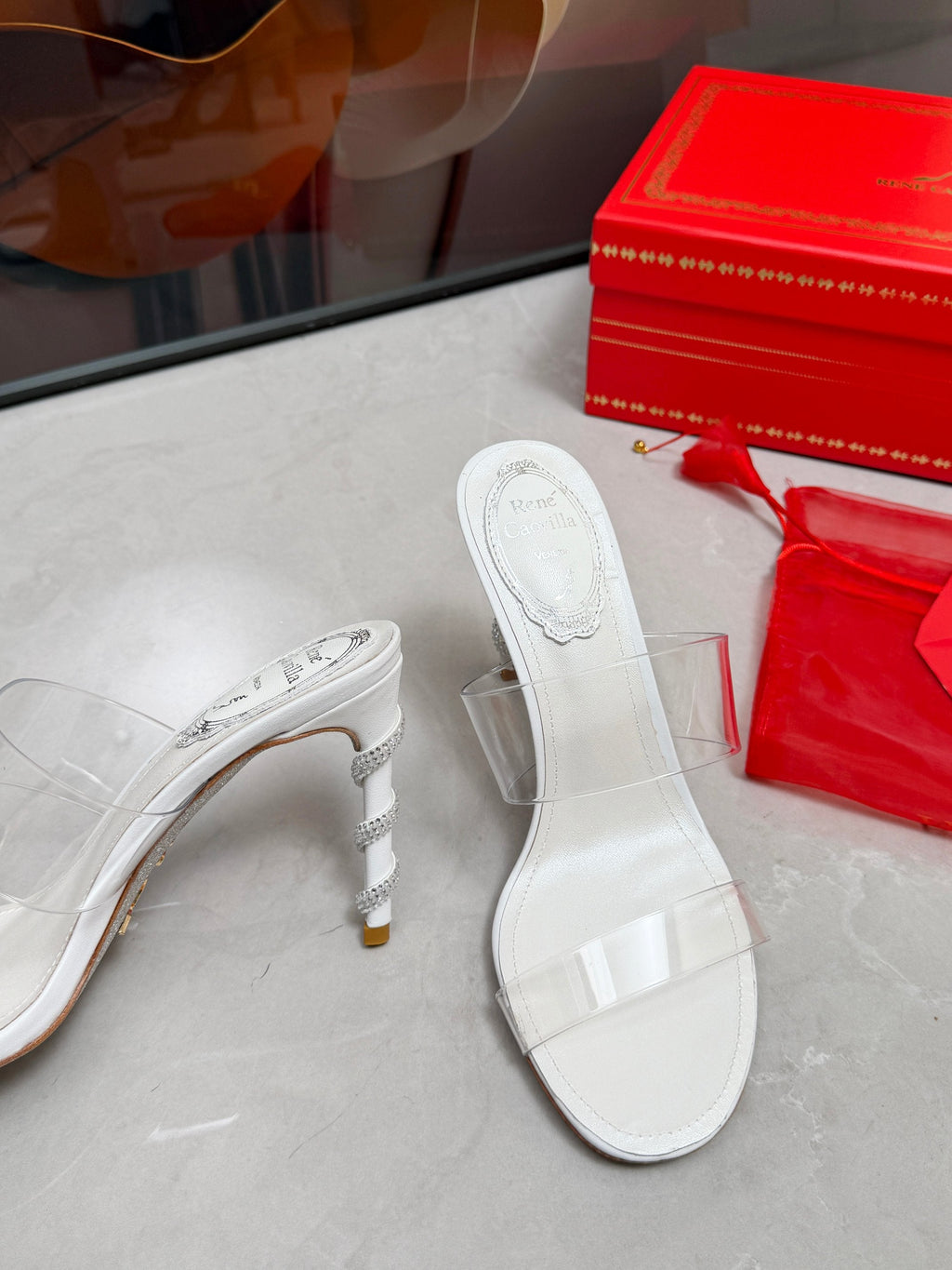 RENE CAOVILLA 26S HEELED SANDALS 95 MM IN WHITE LAMBSKIN AND TRANSPARENT PVC