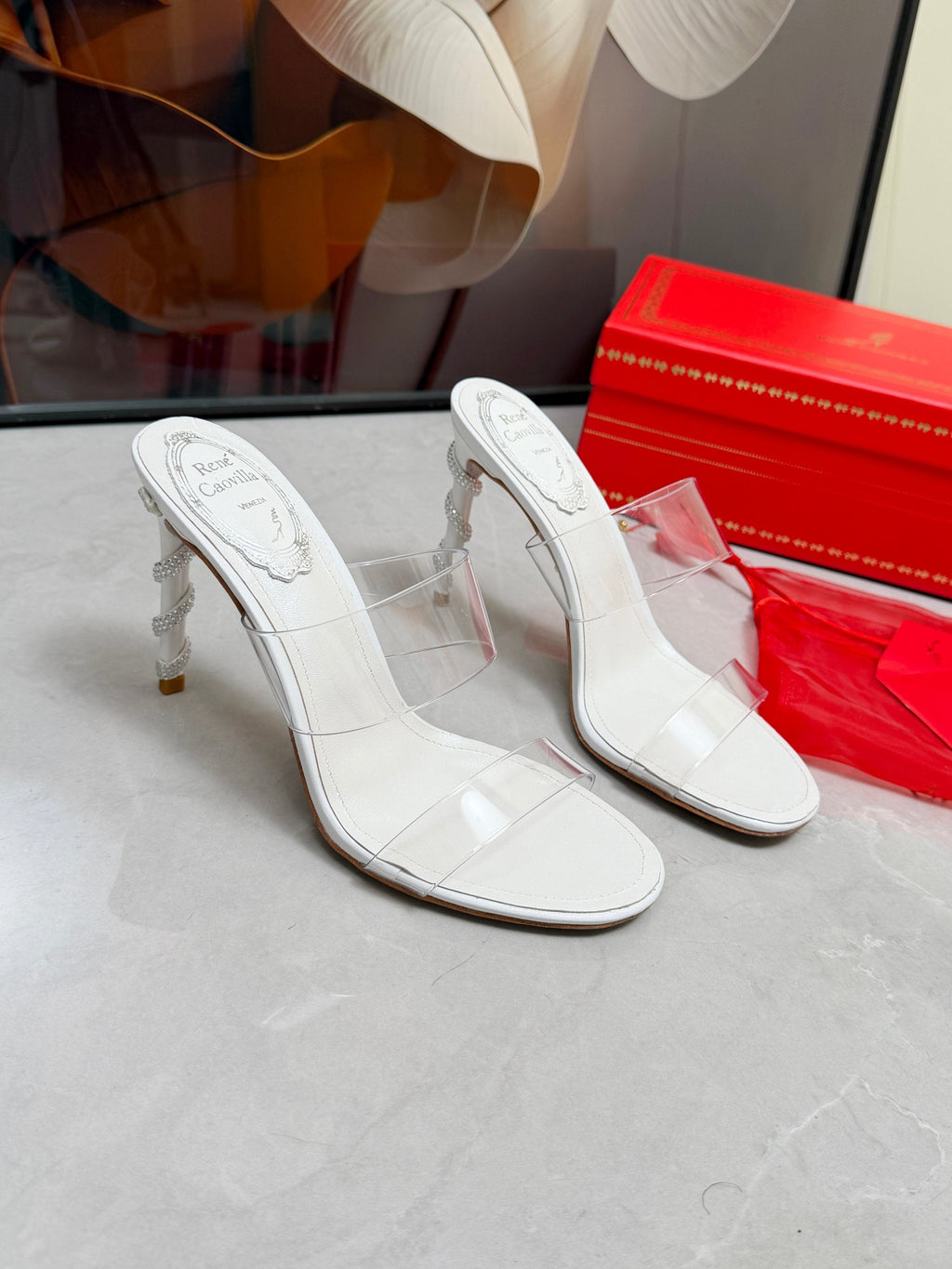 RENE CAOVILLA 26S HEELED SANDALS 95 MM IN WHITE LAMBSKIN AND TRANSPARENT PVC