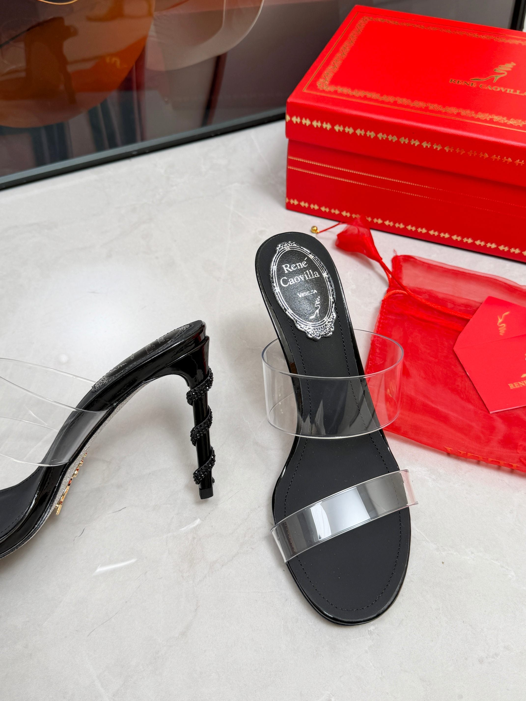 RENE CAOVILLA 26S HEELED SANDALS 95 MM IN BLACK LAMBSKIN AND TRANSPARENT PVC