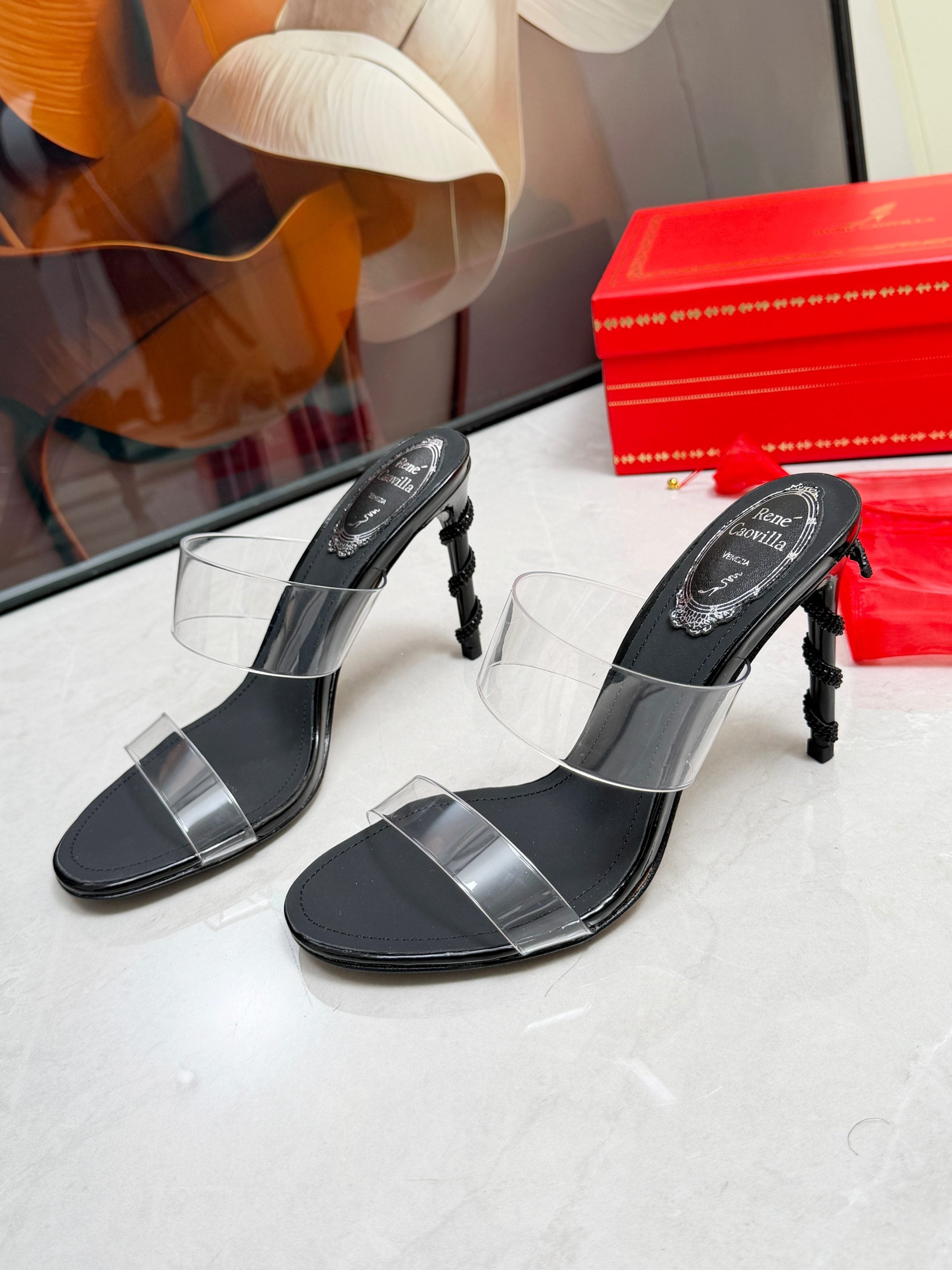 RENE CAOVILLA 26S HEELED SANDALS 95 MM IN BLACK LAMBSKIN AND TRANSPARENT PVC