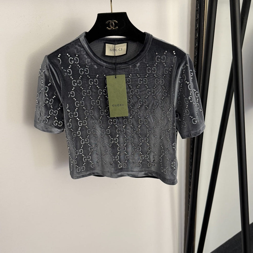 GUCCI 26S SHORT-SLEEVE VELVET TOP WITH RHINESTONES 179
