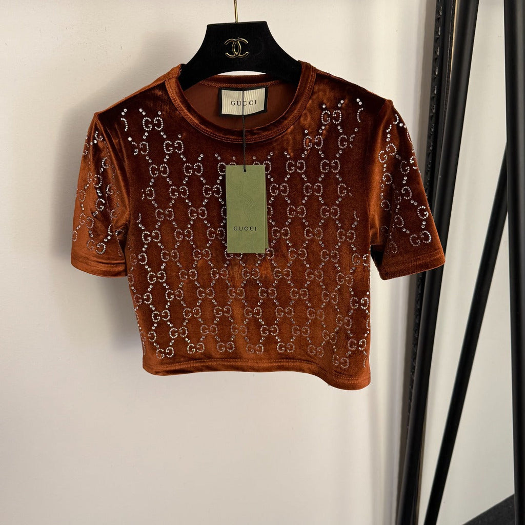 GUCCI 26S SHORT-SLEEVE VELVET TOP WITH RHINESTONES 180