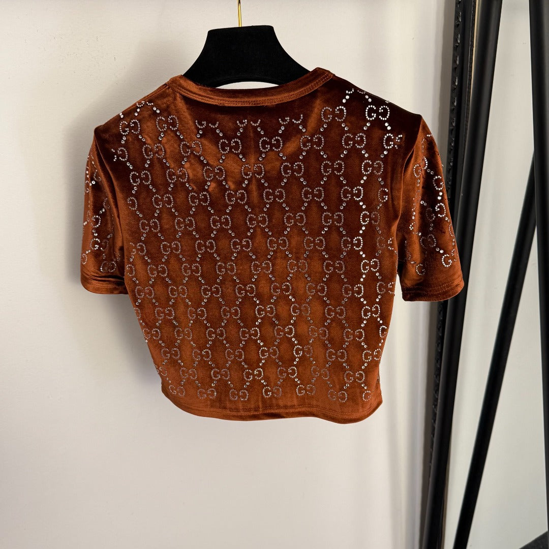 GUCCI 26S SHORT-SLEEVE VELVET TOP WITH RHINESTONES 180