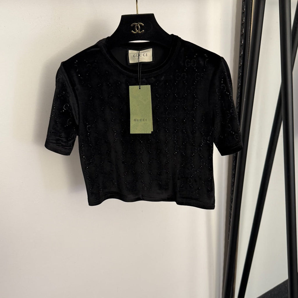 GUCCI 26S SHORT-SLEEVE VELVET TOP WITH RHINESTONES 181