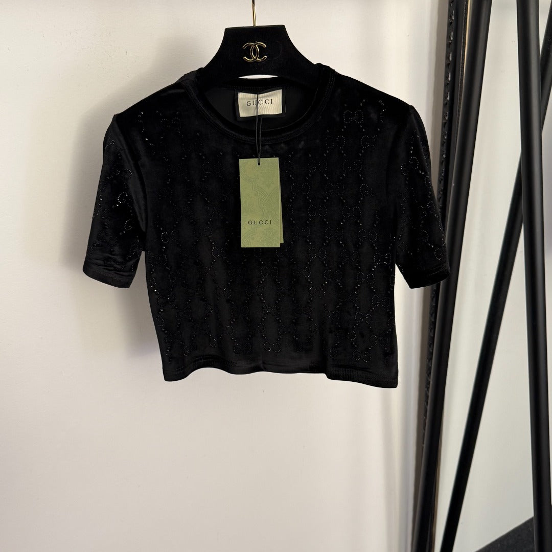 GUCCI 26S SHORT-SLEEVE VELVET TOP WITH RHINESTONES 181