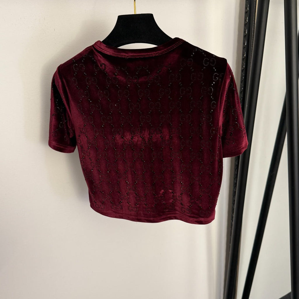 GUCCI 26S SHORT-SLEEVE VELVET TOP WITH RHINESTONES 182