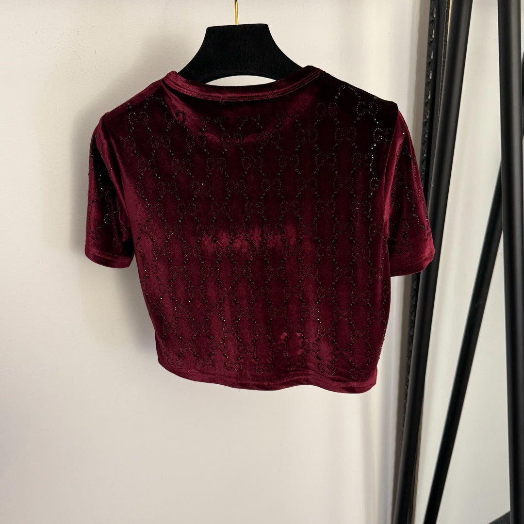 GUCCI 26S SHORT-SLEEVE VELVET TOP WITH RHINESTONES 182