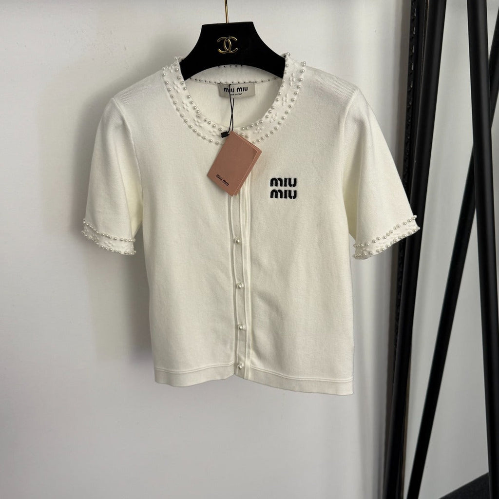 MIUMIU 26S SHORT SLEEVE CREW NECK KNIT CARDIGAN 1018