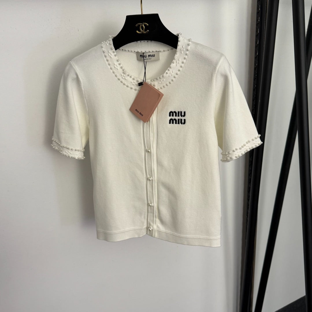 MIUMIU 26S SHORT SLEEVE CREW NECK KNIT CARDIGAN 1018