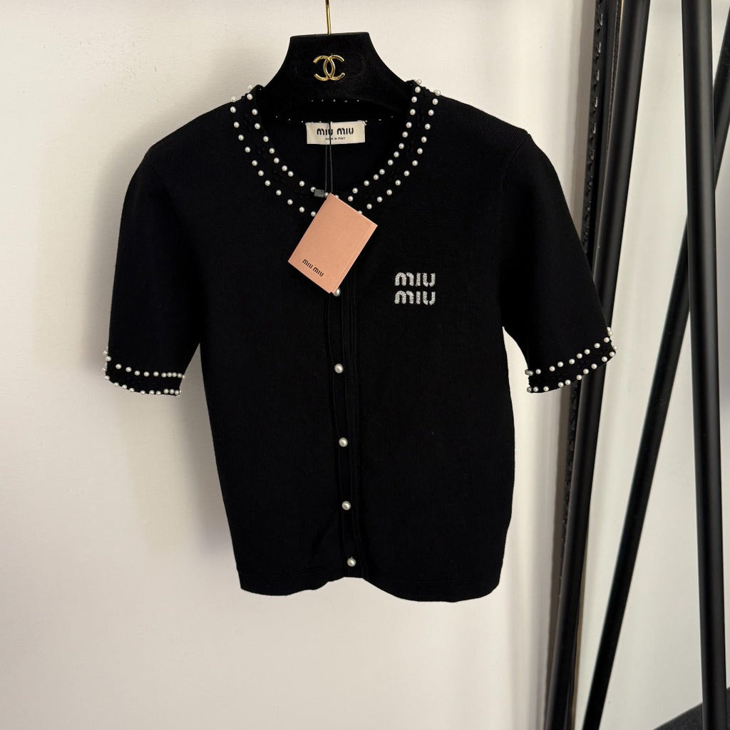 MIUMIU 26S SHORT SLEEVE CREW NECK KNIT CARDIGAN 1017