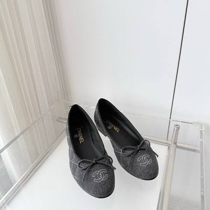 CHANEL 26S BALLET FLATS IN GREY DENIM WITH BOW