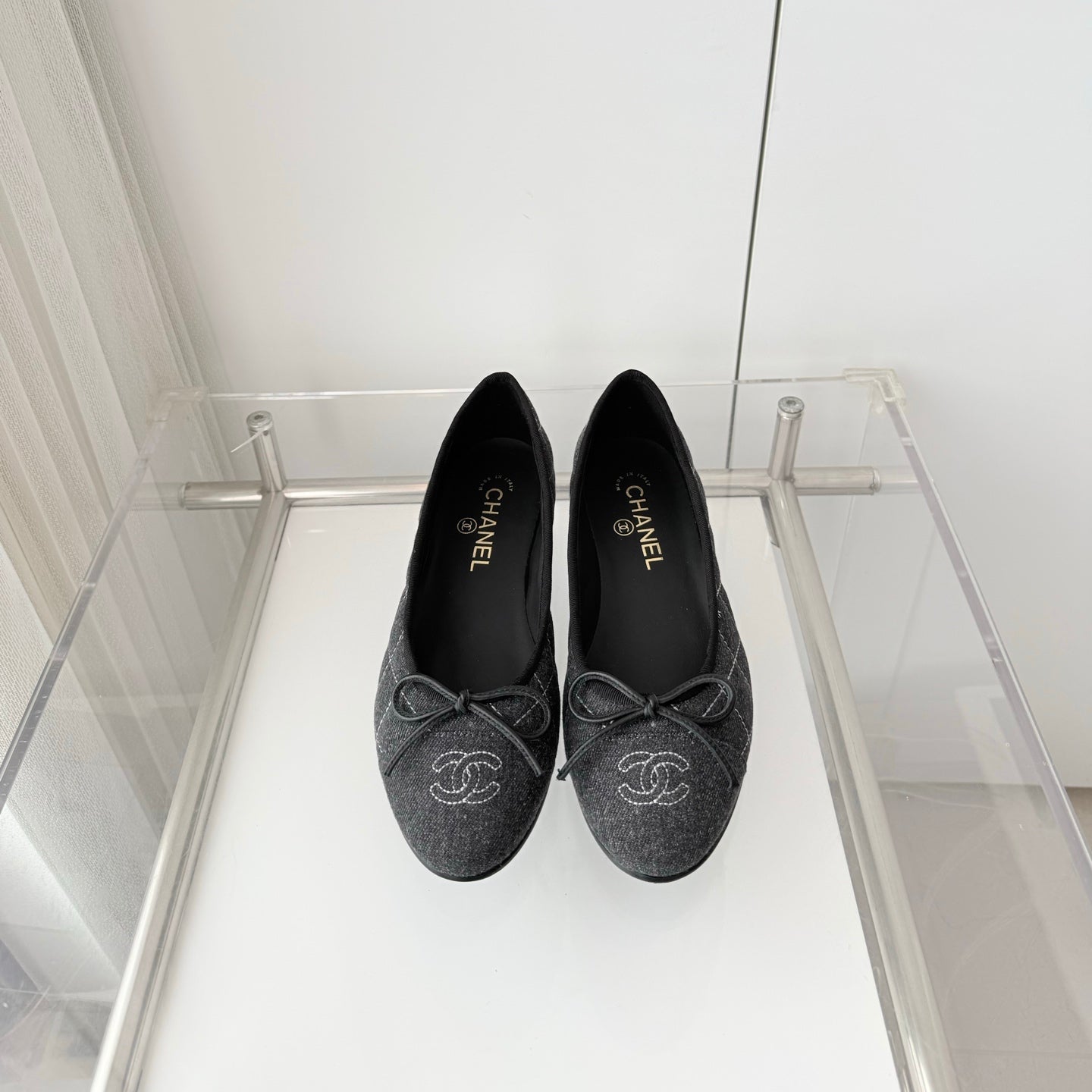 CHANEL 26S BALLET FLATS IN GREY DENIM WITH BOW