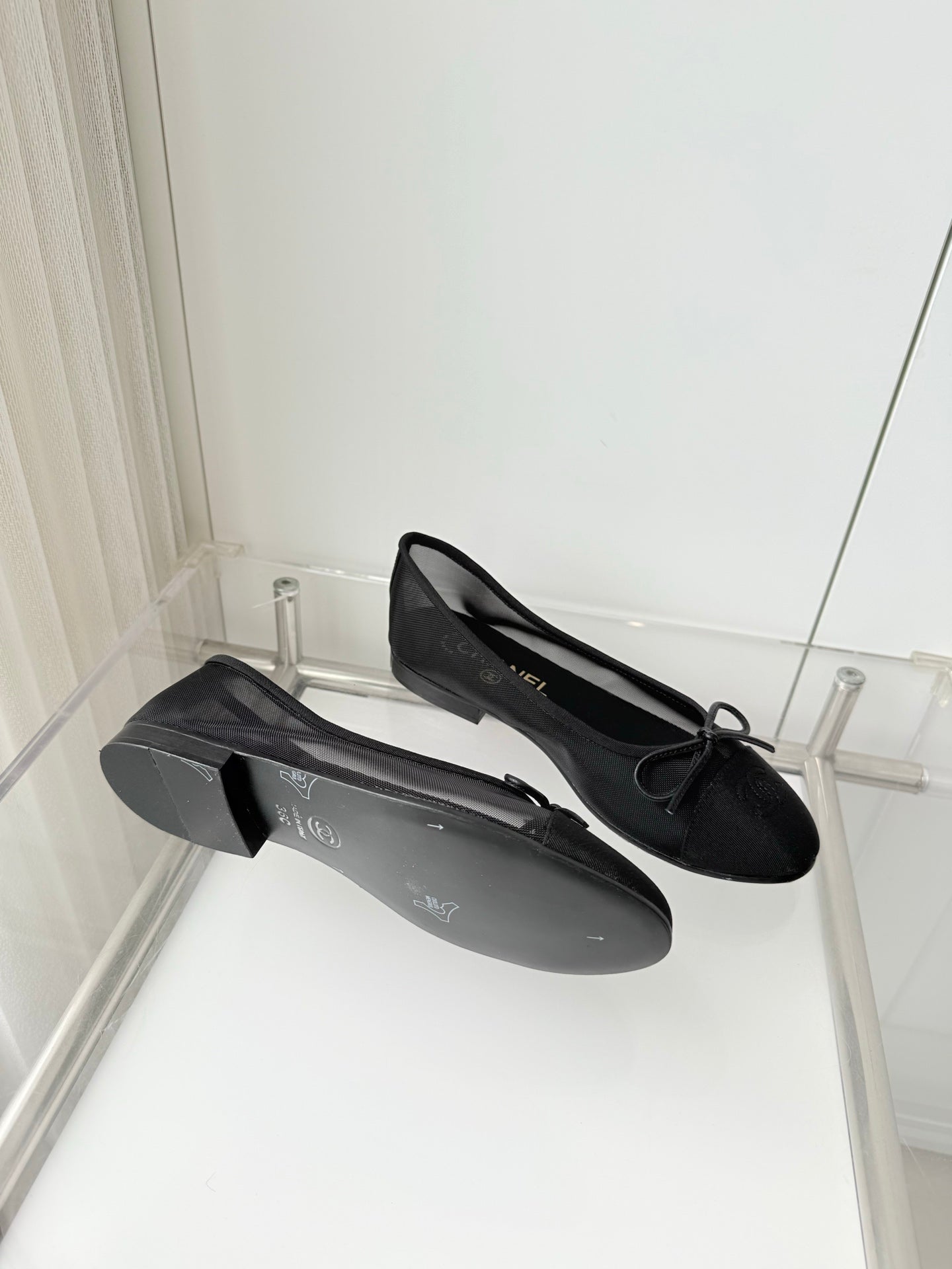 CHANEL 26S BALLET FLATS IN BLACK MESH TOE CAP AND BOW