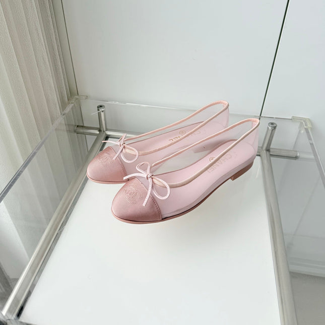 CHANEL 26S BALLET FLATS IN LIGHT PINK MESH TOE CAP AND BOW