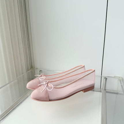 CHANEL 26S BALLET FLATS IN LIGHT PINK MESH TOE CAP AND BOW