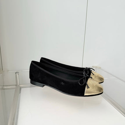 CHANEL 26S BALLET FLATS IN BLACK SUEDE WITH GOLD TOE CAP AND BOW