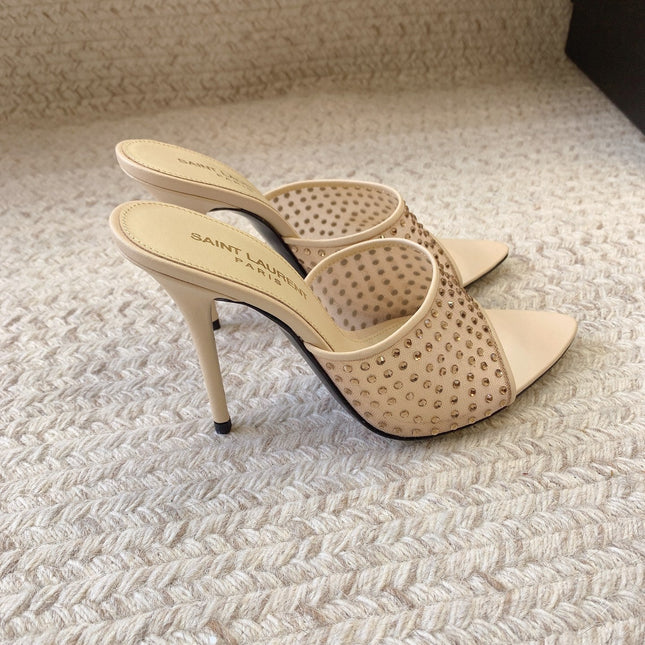 LA 16 HEELED MULES ATTACHED RHINESTONES IN CREAM MESH