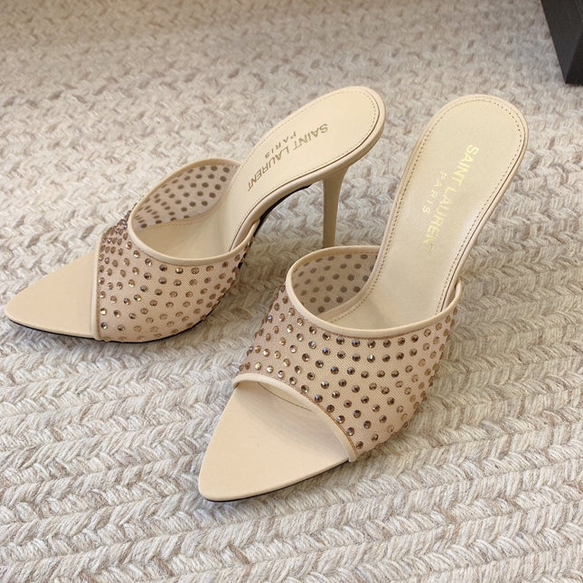 LA 16 HEELED MULES ATTACHED RHINESTONES IN CREAM MESH