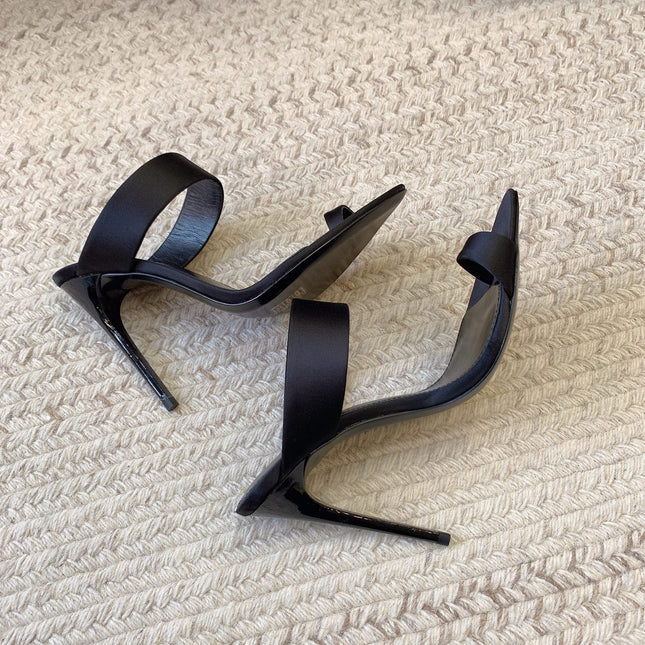 MARTHA POINTED OPEN-TOE HIGH MULES IN BLACK SILK