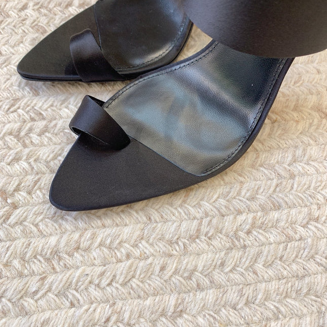 MARTHA POINTED OPEN-TOE HIGH MULES IN BLACK SILK
