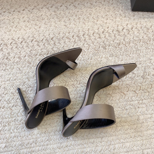 MARTHA POINTED OPEN-TOE HIGH MULES IN GRAY SILK