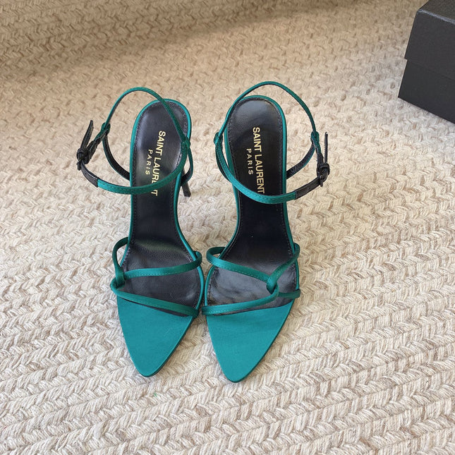 STRAPPY HIGH HEEL SANDALS IN TEAL GREEN SILK
