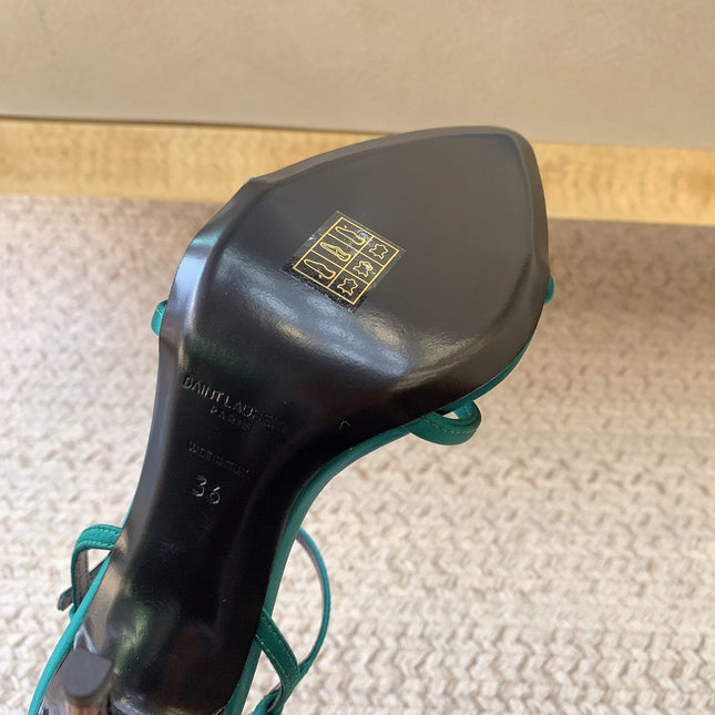 STRAPPY HIGH HEEL SANDALS IN TEAL GREEN SILK