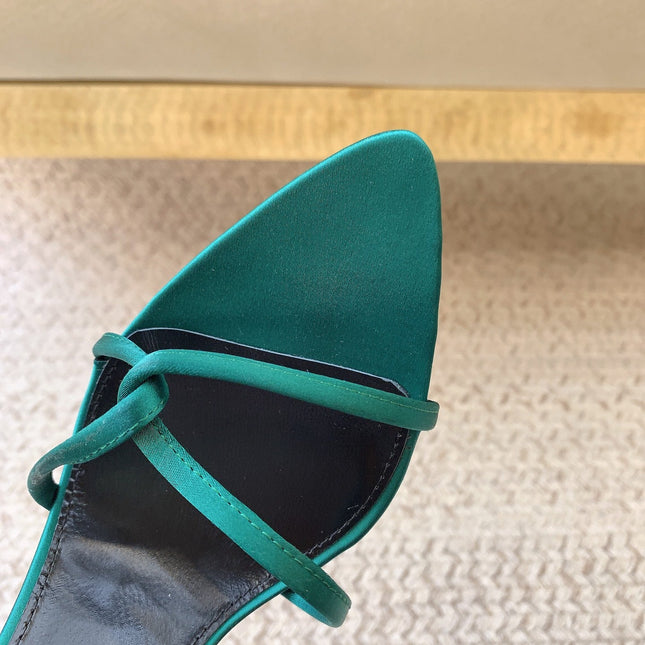 STRAPPY HIGH HEEL SANDALS IN TEAL GREEN SILK