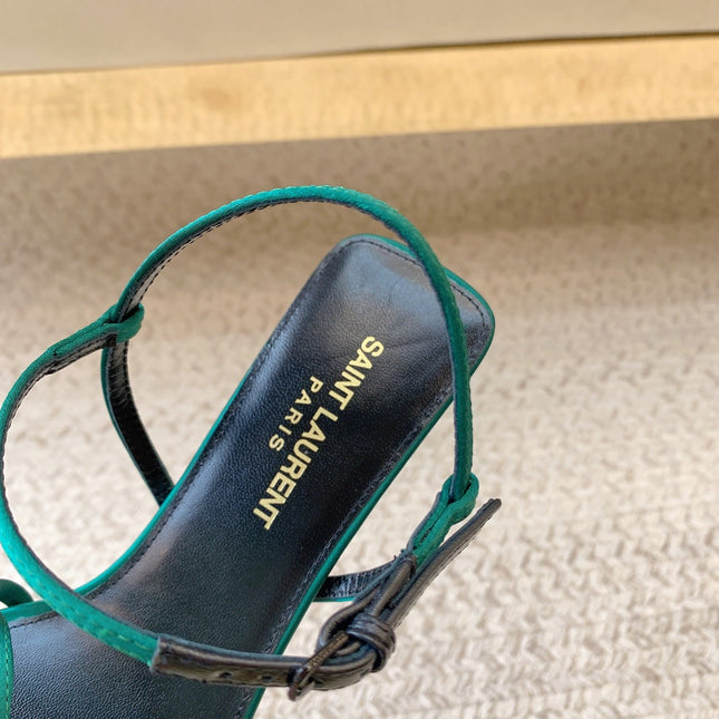 STRAPPY MID HEEL SANDALS IN TEAL GREEN SILK