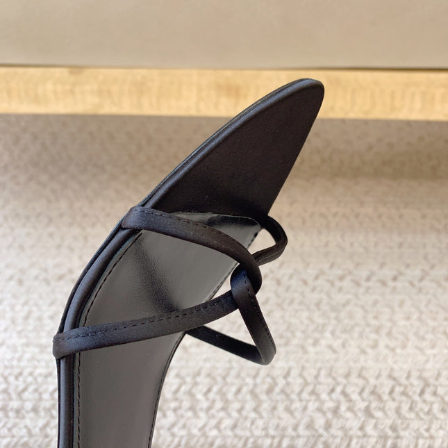 STRAPPY MID HEEL SANDALS IN BLACK SILK