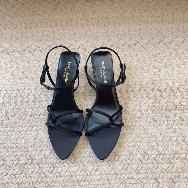 STRAPPY MID HEEL SANDALS IN BLACK SILK