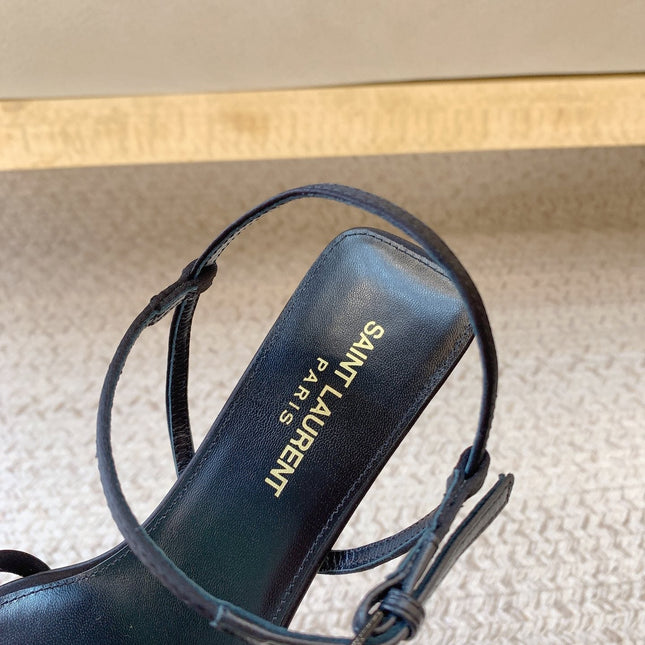 STRAPPY MID HEEL SANDALS IN BLACK SILK