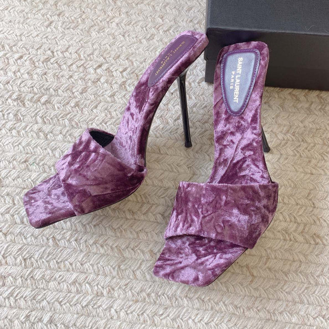 HIGH HEEL SLIDES IN PURPLE VELVET
