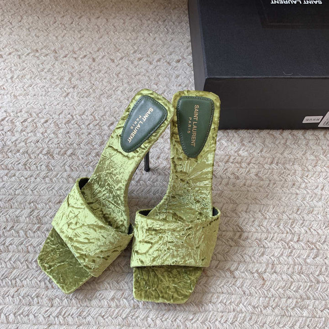 HIGH HEEL SLIDES IN TEA GREEN VELVET