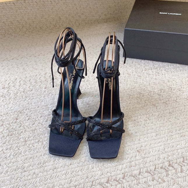 LIZA SANDALS IN BLACK SILK WITH CRYSTALS