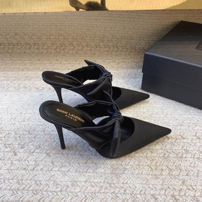 BARBARA BIG BOW MULES IN BLACK SILK