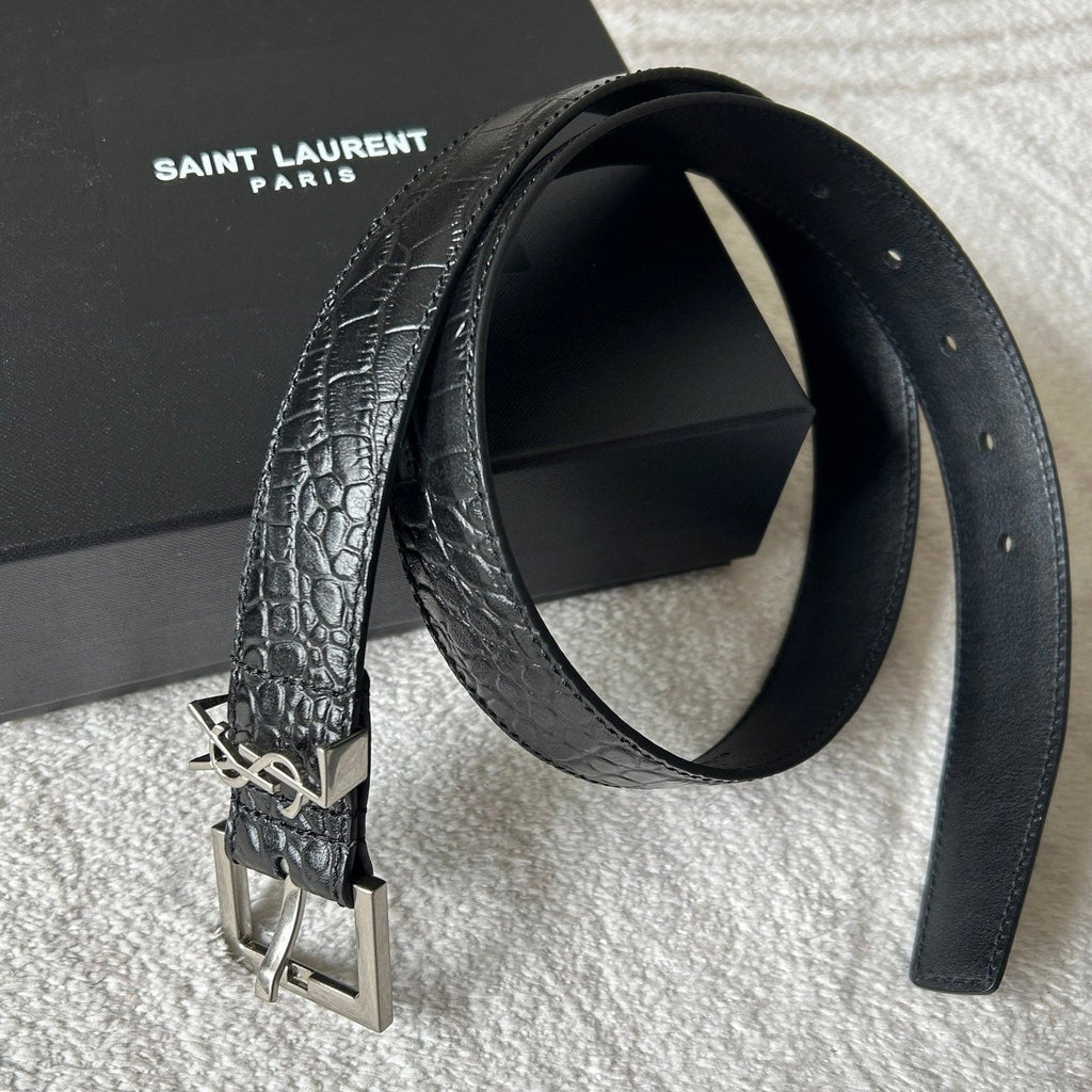 YSL 25S BELT 30 MM IN BLACK CROCODILE-EMBOSSED LEATHER 543666