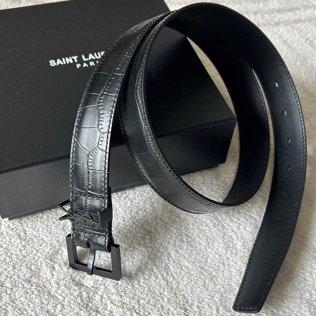 YSL 25S BELT 30 MM IN BLACK CROCODILE-EMBOSSED LEATHER 543667
