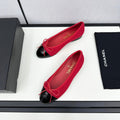 BALLET FLATS IN RUBY RED TWEED AND BLACK CALFSKIN
