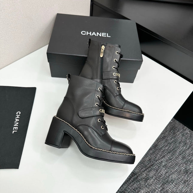CHANEL 25S LACE-UP HEELED ANKLE BOOTS IN BLACK CALFSKIN