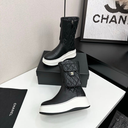 CHANEL 25S WEDGE ANKLE BOOTS IN BLACK CALFSKIN SILVER HARDWARE