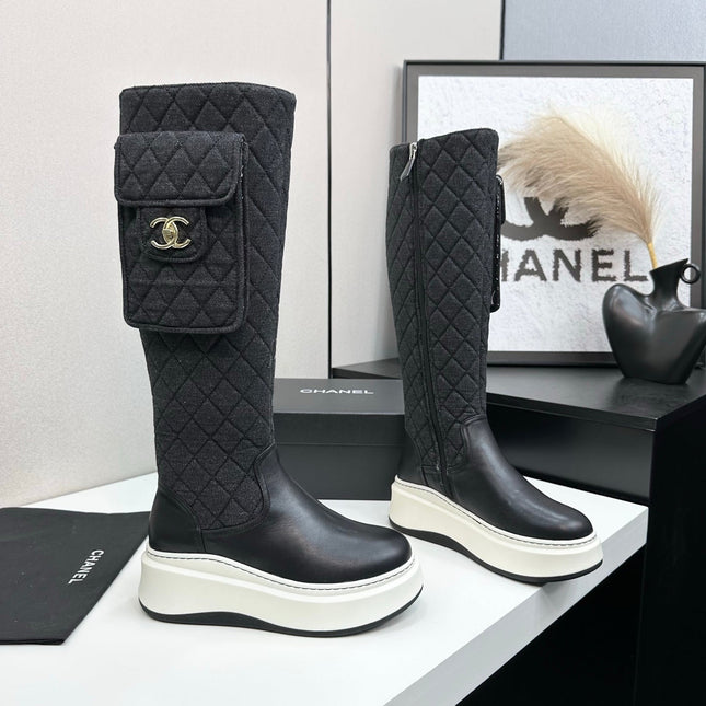 CHANEL 25S WEDGE KNEE-HIGH BOOTS IN BLACK CALFSKIN SILVER HARDWARE