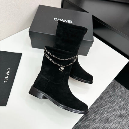 CHANEL 25S SHORT BOOTS IN BLACK SUEDE SILVER HARDWARE