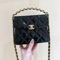 25S CHANEL TOTE CROSSBODY BAG 19 IN BLACK GLOSSY LEATHER WITH METAL HANDLE