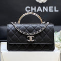 FLAP BAG WITH SILVER-TONE HANDLE 18 IN BLACK LAMBSKIN