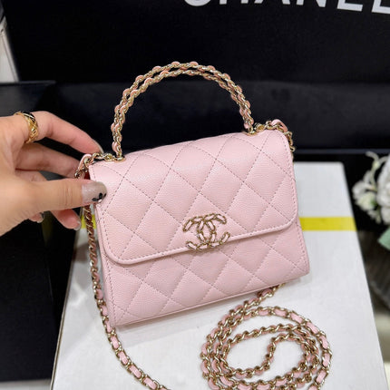 QUILTED MINI FLAP BAG WITH HANDLE 14 IN BABY PINK LAMBSKIN GOLD PLATED METAL