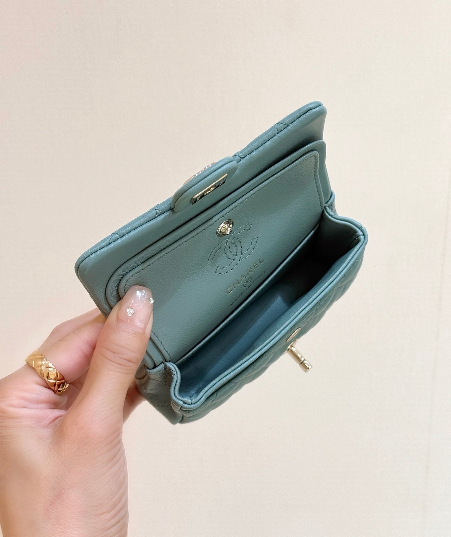25S CHANEL MINI CF BAG 12 IN MUTED TEAL LAMBSKIN HEART MODEL
