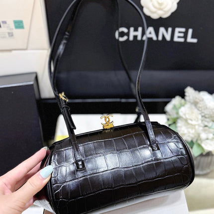 CHANEL 26S MINI BOWLING BAG 29 IN BLACK CROCODILE EMBOSSED CALFSKIN