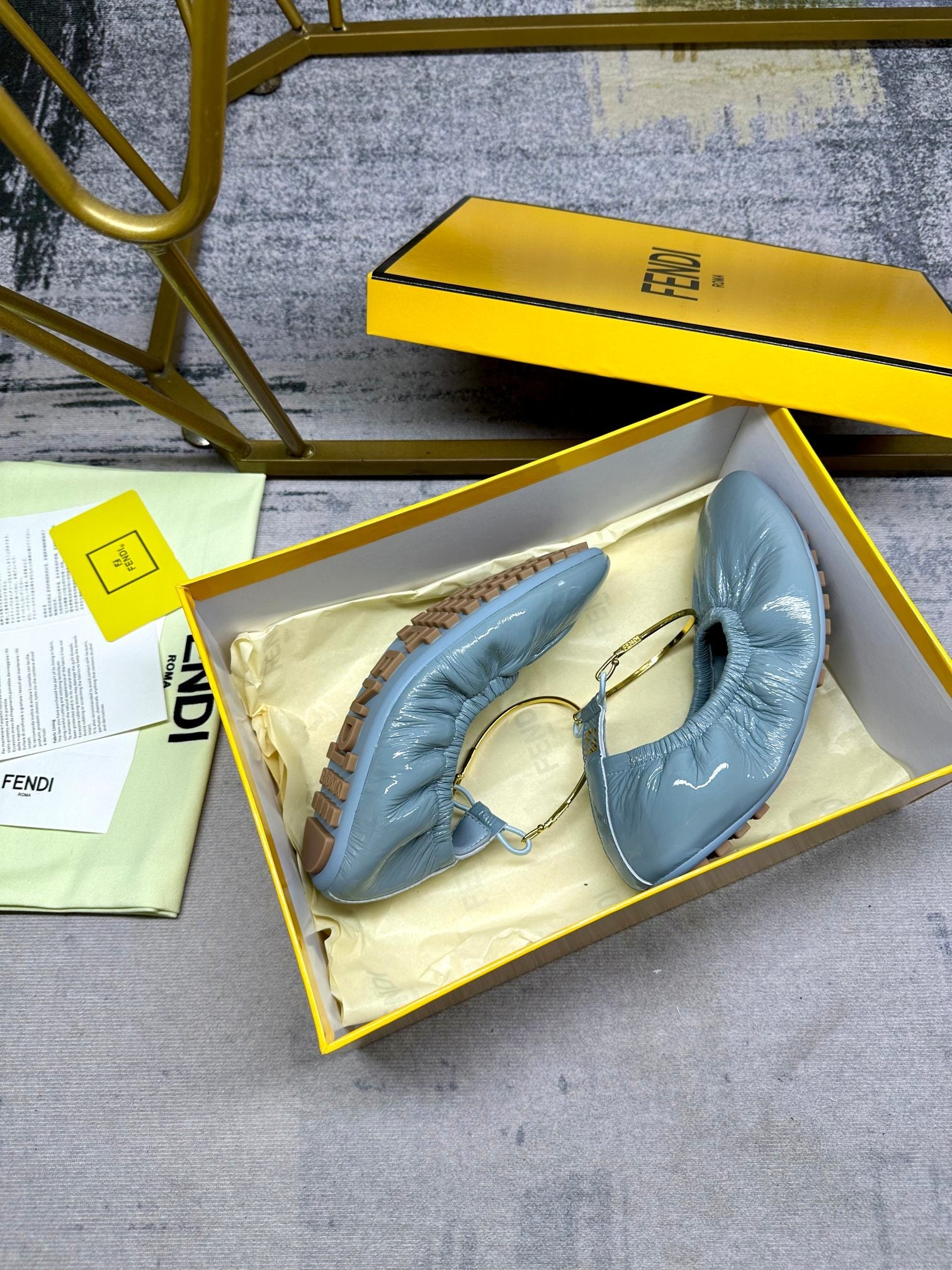 FENDI FILO BALLET IN SAPHIRE BLUE LAMBSKIN WITH GOLD HARDWARE