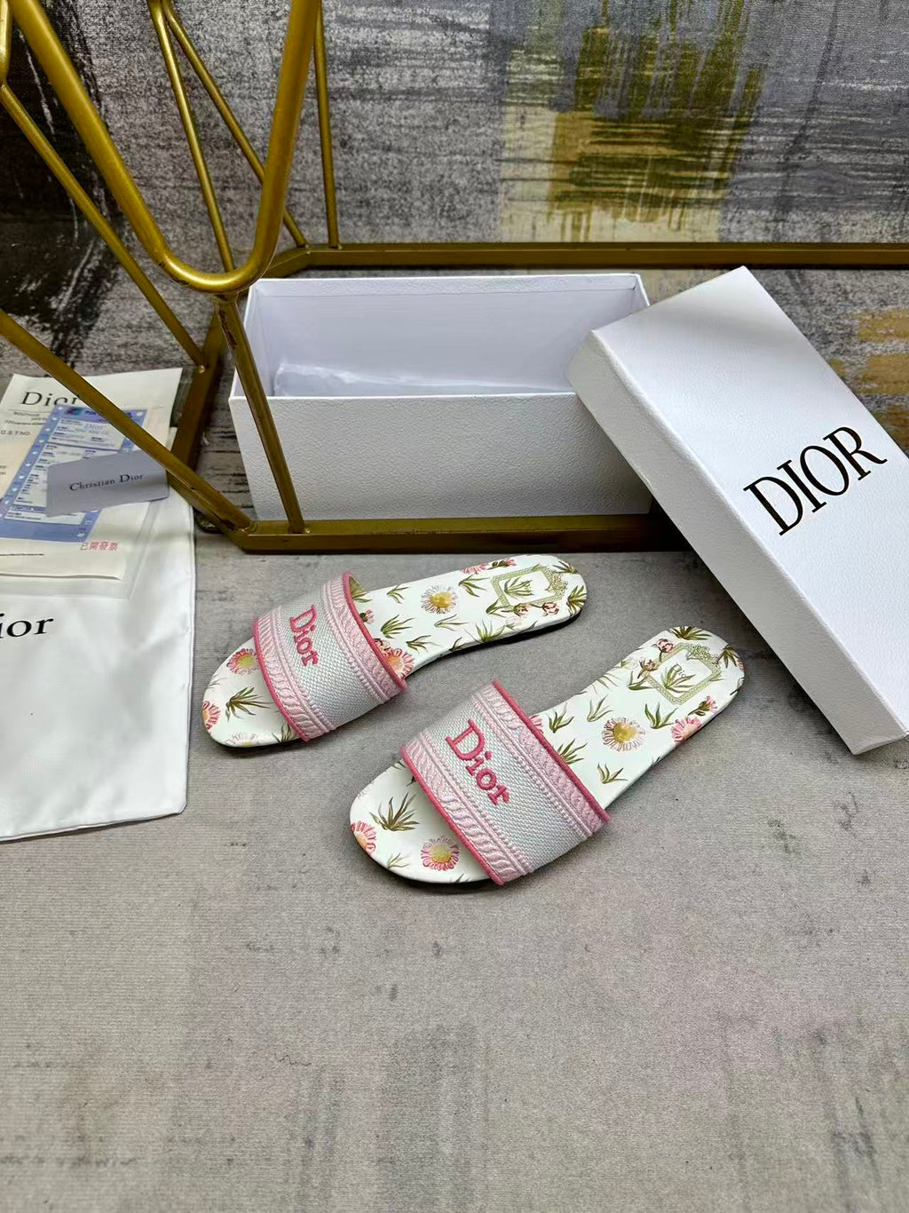 DIOR 26S DWAY SLIDE FLOWER EDITION IN PINK MIX WHITE FABRIC
